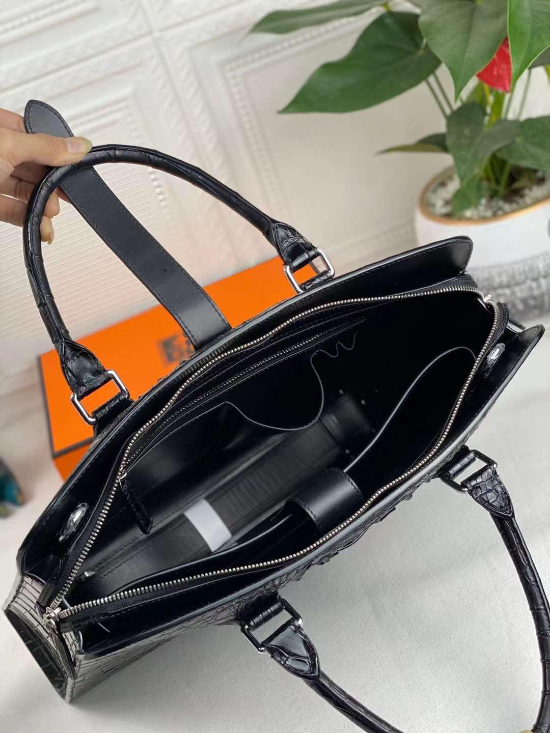 Crocodile Briefcase, Genuine Crocodile Skin Leather Laptop Bag Black-6