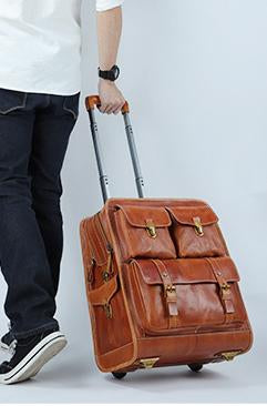 Men Business Genuine Vegetable Tanned Leather Rolling Luggage Spinner Retro Wheel Business Large Capacity Suitcase Bag 22 inch Women Multifunction Trolleys Travel Bag-9