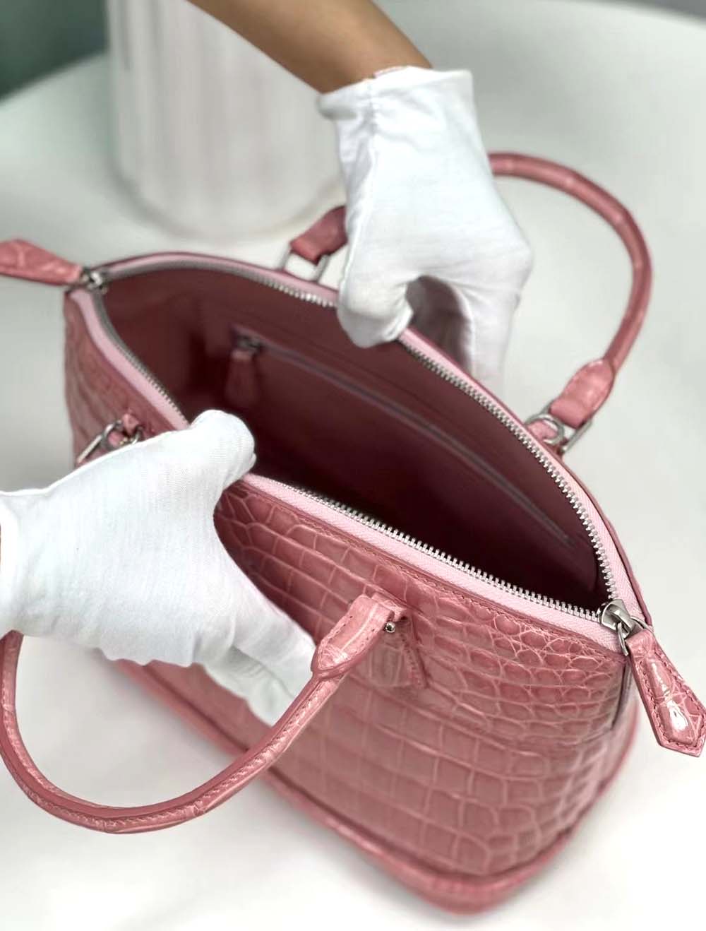 Women Shiny Crocodile Leather Top Handle Satchel Bag Rose Sakuras-5