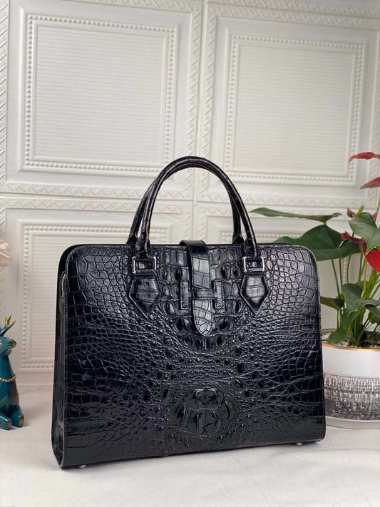 Crocodile Briefcase, Genuine Crocodile Skin Leather Laptop Bag Black-0