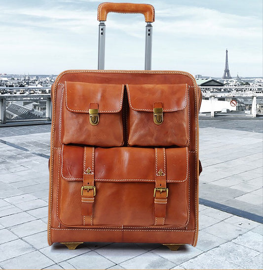 Men Business Genuine Vegetable Tanned Leather Rolling Luggage Spinner Retro Wheel Business Large Capacity Suitcase Bag 22 inch Women Multifunction Trolleys Travel Bag-0