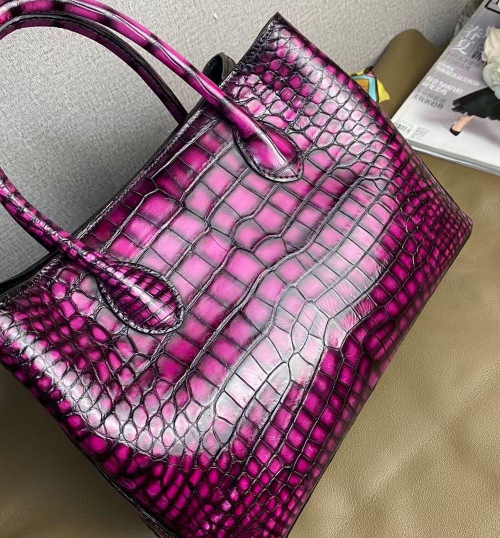Vintage Genuine Crocodile Leather Top Handle Satchel Handbag Shoulder Bag Tote Purse Messenger Bags 30cm Purple-4