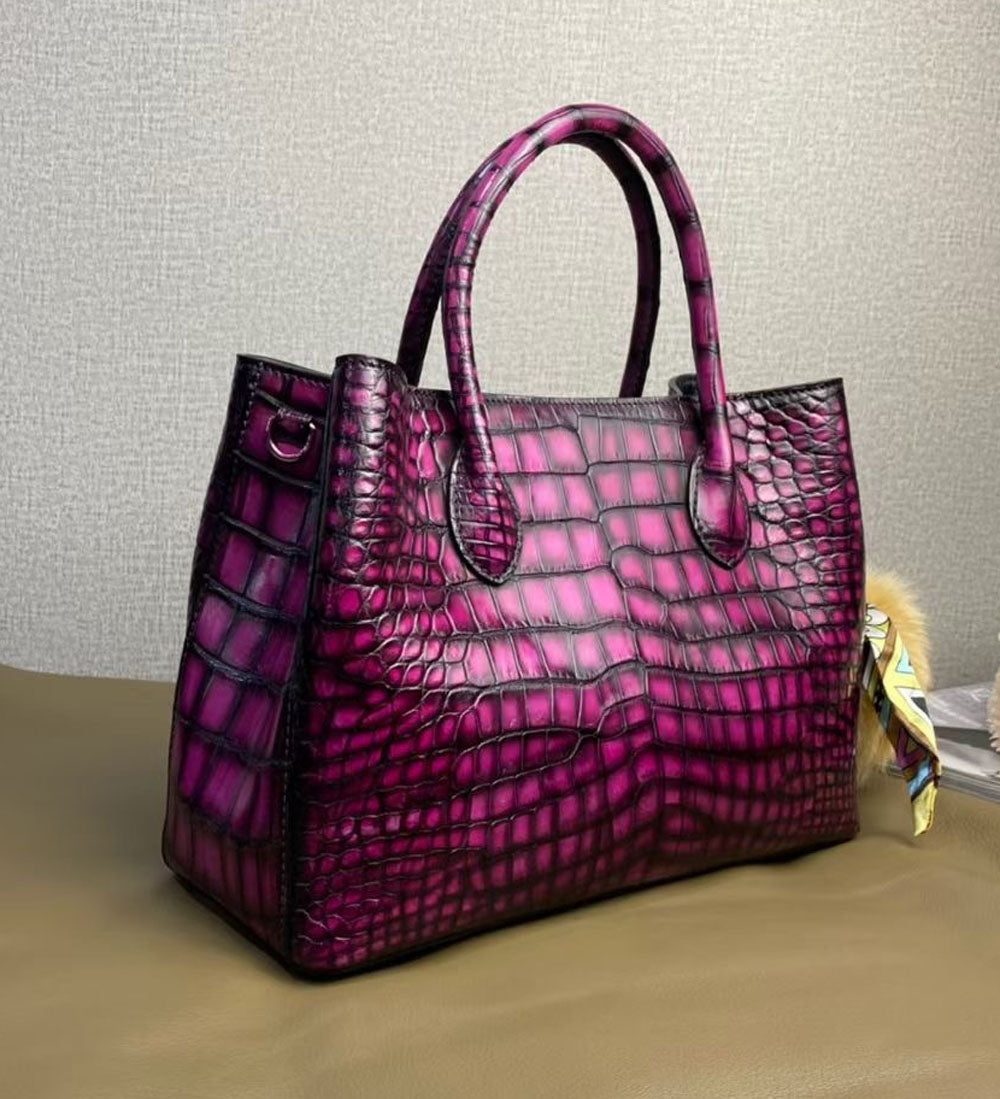 Vintage Genuine Crocodile Leather Top Handle Satchel Handbag Shoulder Bag Tote Purse Messenger Bags 30cm Purple-1