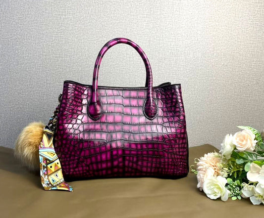 Vintage Genuine Crocodile Leather Top Handle Satchel Handbag Shoulder Bag Tote Purse Messenger Bags 30cm Purple-0