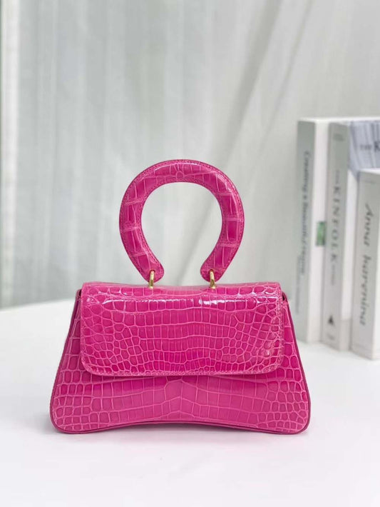 Women Shiny Crocodile Leather Cross Body Round Handle Bag Mini-0
