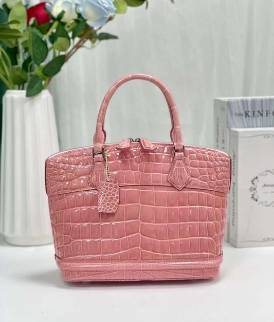 Women Shiny Crocodile Leather Top Handle Satchel Bag Rose Sakuras-0