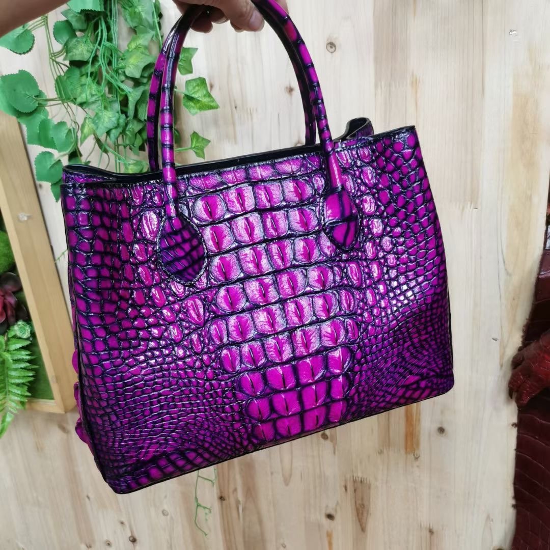 Womens  Genuine Crocodile Leather Tote Shoulder Bags Vintage Purple-3