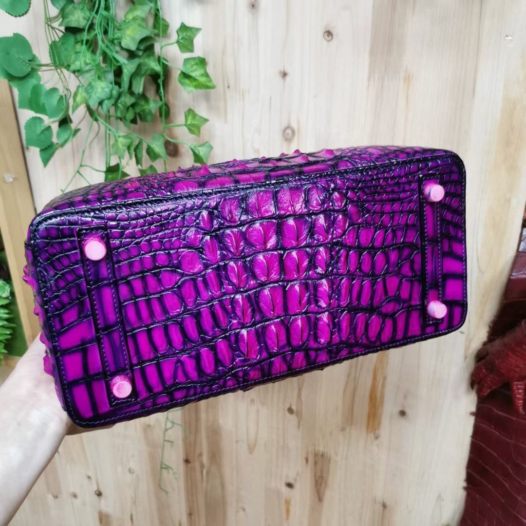 Womens  Genuine Crocodile Leather Tote Shoulder Bags Vintage Purple-5