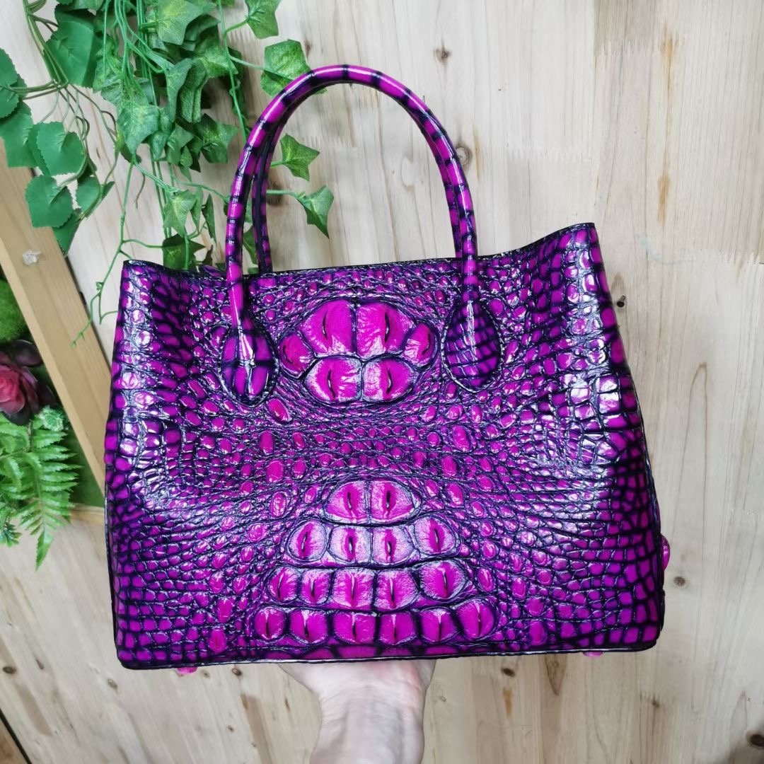 Womens  Genuine Crocodile Leather Tote Shoulder Bags Vintage Purple-2
